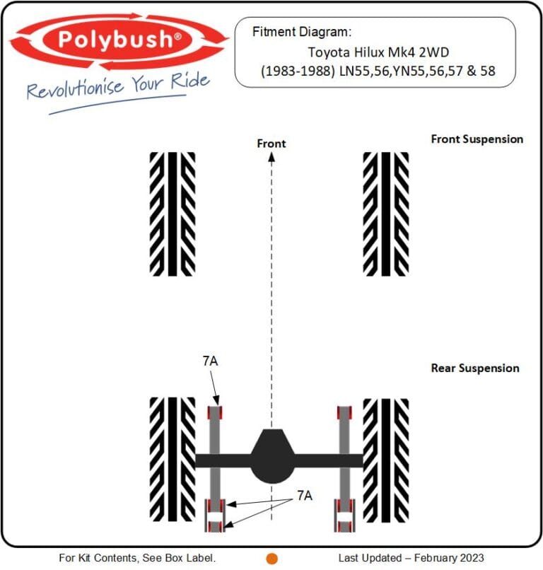 Hilux MK4 2WD (1983-1988) LN55,56 YN55,56,57&58 suspension bush diagram