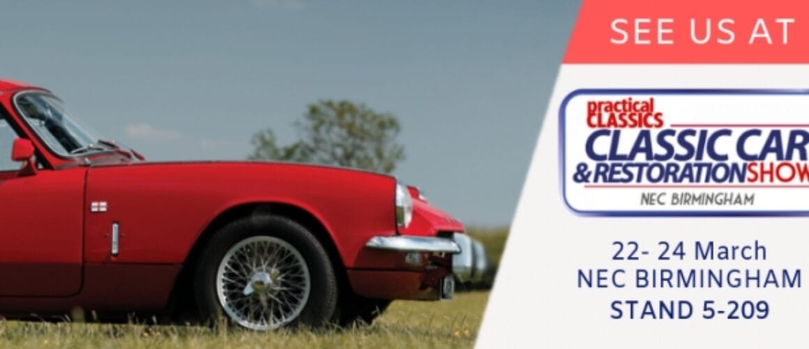 A promotional banner showcasing a red classic car in a grassy field with details for the Practical Classics Classic Car & Restoration Show at NEC Birmingham, 22-24 March, stand 5-209.