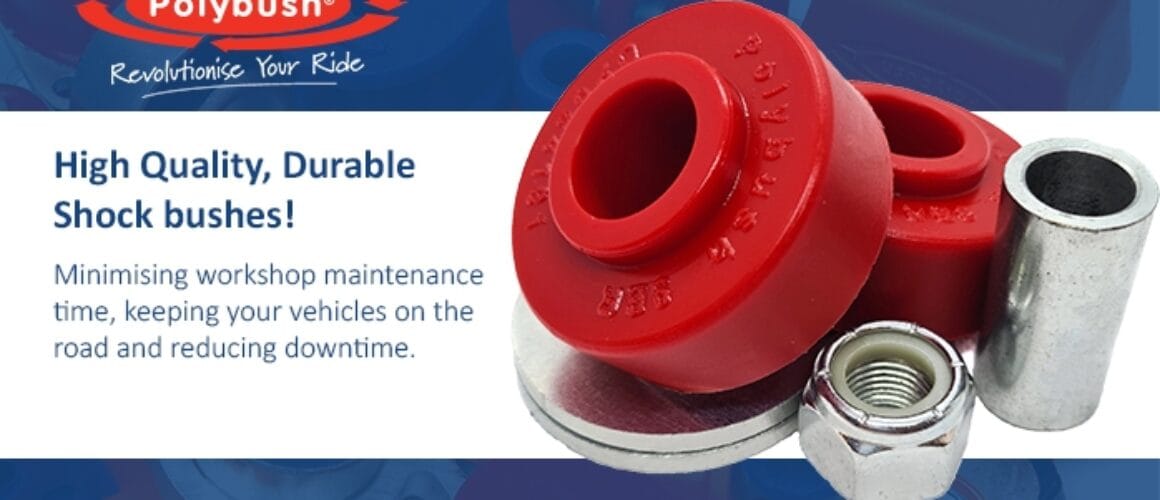 Image displaying red Polybush brand bushings, a metal sleeve, and a nut, with text endorsing the superior quality and resilience of the products.