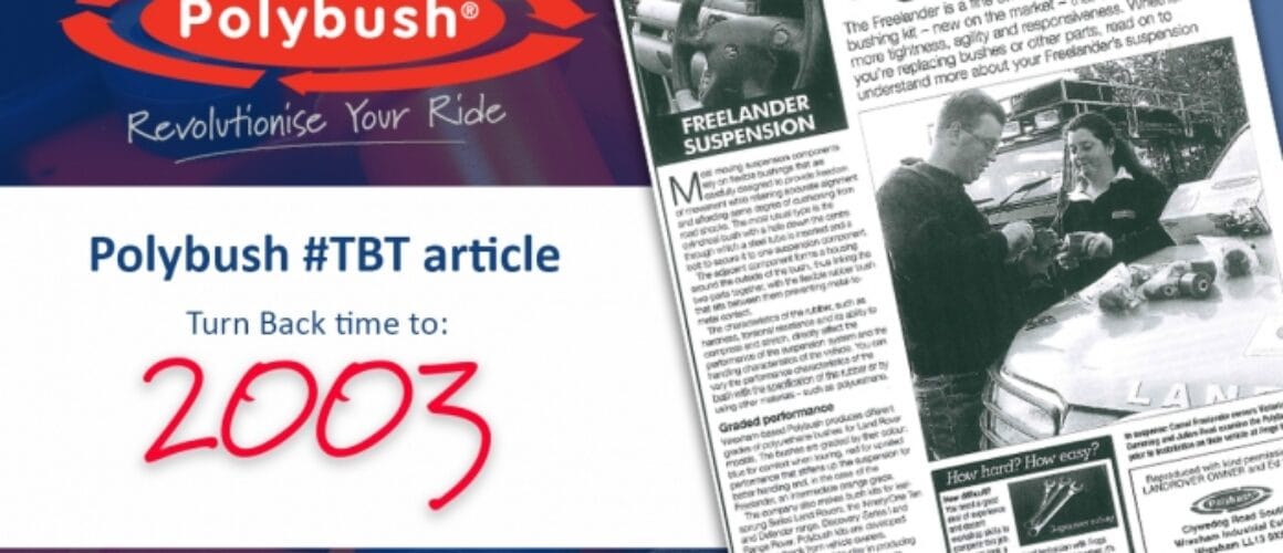 Advertisement and article snippets highlighting polybush, with a focus on a "2003" sign, automotive imagery, and mechanic working on a motor. The design incorporates red and blue shades with text highlights.