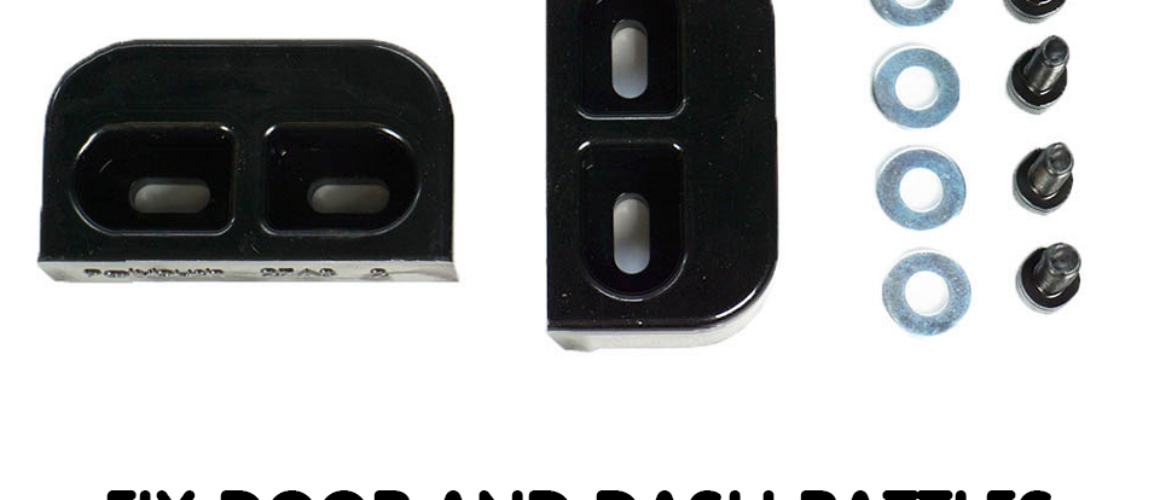 Two black foam pads labelled for fixing door and dash rattles, accompanied by washers and black caps, displayed on a white background.