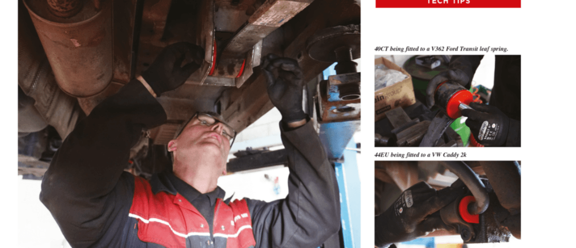 A mechanic works beneath a vehicle, applying a product to the underbody. Small inset images display close-ups of the product being used on different vehicle components. Text labels provide technical advice.