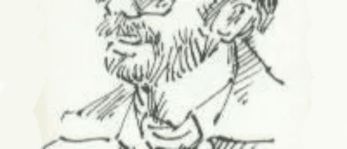 A sketch of a bloke wearing sunglasses and a flat cap, featuring prominent facial hair and a jacket, drawn in a loose, expressive style.