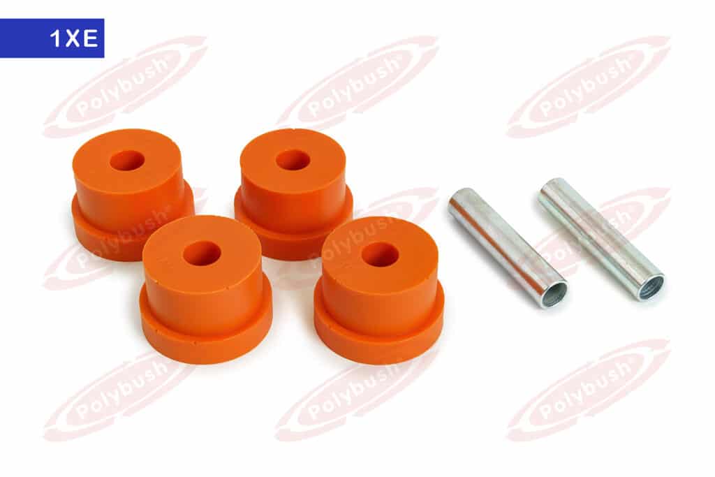 Four orange polyurethane bushes and two metal sleeves, arranged on a white background with the "polybush" logo gently blurred in the backdrop.