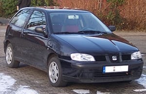 A black Fiat Punto parked on a gravel car park with a backdrop of leafless shrubs, featuring a clean and shiny exterior under clear daylight.