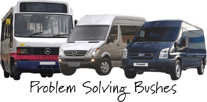 A collage of three buses: a classic white bus on the left, a modern white minibus in the centre, and a blue van on the right, with the text "problem solving buses" at the bottom.