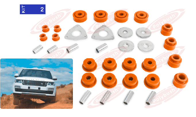 A collection of orange rubber bushes and metal parts displayed above an image of a white 4x4, indicating a suspension upgrade kit labelled "kit 2.