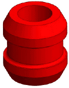 A red, 3d-rendered image of a threaded cylindrical object with multiple ridged sections, resembling a mechanical component or a dial.