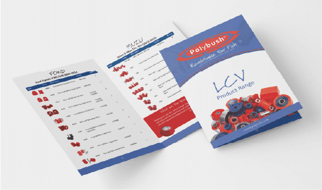 Open brochure displaying "polybush lcv product range" with images of red automotive parts and detailed lists, including performance icons and descriptions, on a white background.