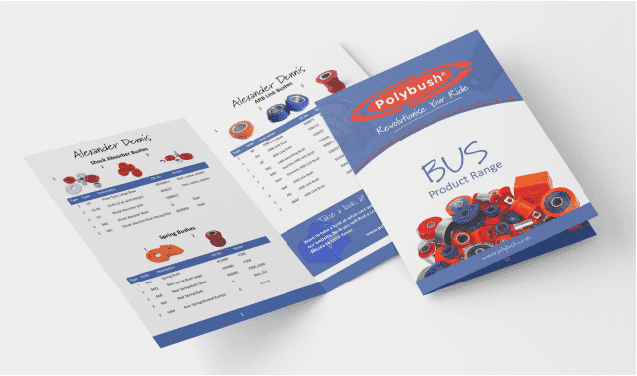 Two open leaflets from 'polybush' on a white surface, displaying bus parts products and their specifications in blue and orange design elements.