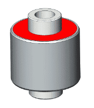 A 3D CAD representation of a cylindrical mechanical component with a red top, central cylindrical protrusion, and a smaller base.