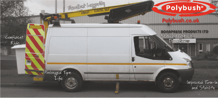 White service van with a yellow crane arm parked in front of a factory building, with text overlay discussing vehicle benefits like durability and steadiness.