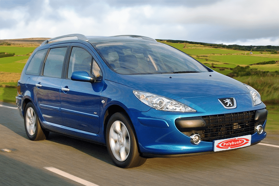 A blue Peugeot 307 SW car driving on a road with a vibrant green countryside backdrop. The car's badge and a "polybush" sticker on the front are visible.