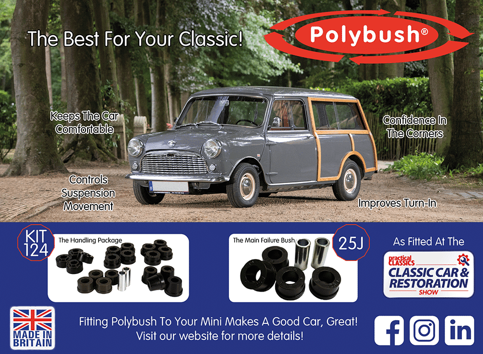 The best for your classic! Kit 124 - the handling package and 25J - the main failure bush. Fitting Polybush to your mini makes a good car, great!