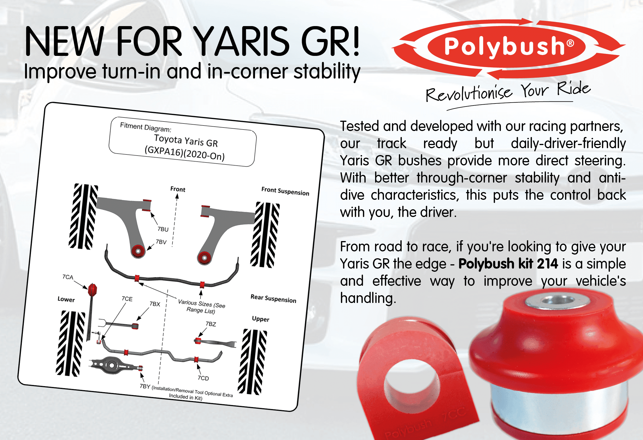 Polybush. Tested and developed with our racing partners, our track ready but daily-driver-friendly Yaris GR bushes provide more direct steering. With better through-corner stability and anti-dive characteristics, this puts the control back with you, the driver. From road to race, if you're looking to give your Yaris GR the edge - Polybush kit 214 is a simple and effective way to improve your vehicle's handling.