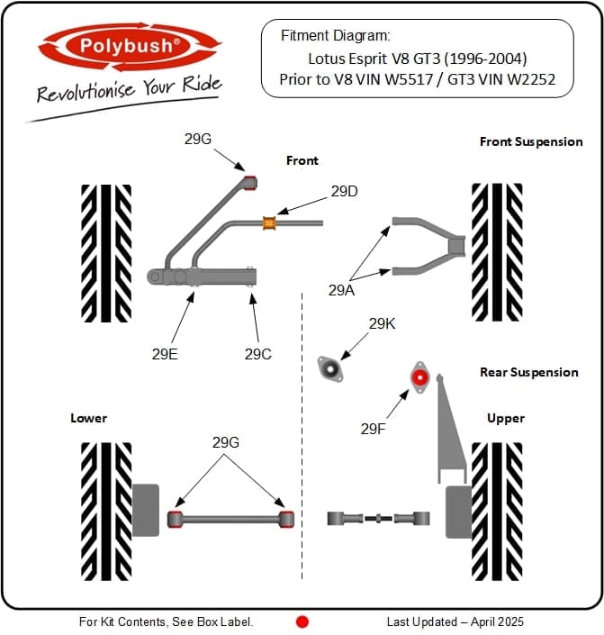 Lotus Esprit V8 GT3 (1996-2004) Prior V8 VIN W5517 GT3 VIN W2252 suspension bush diagram